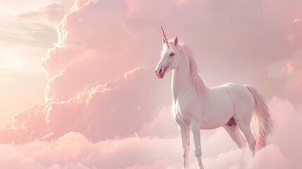Obraz na płótnie Canvas White unicorn standing amidst a sea of soft pink clouds, bathed in the ethereal glow of the setting sun