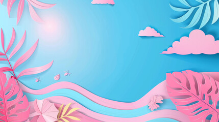 Tropical summer scene background with beach vacation holiday theme with pink waves layer, blue sky and copy space.
