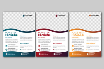 A bundle of 3 templates of different colors a4 flyer template, modern business flyer template, abstract business flyer, simple flyer and creative design. Corporate business flyer, vector templates