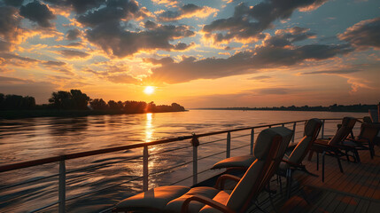 Sunset river cruise with inviting chairs - Ai Generated - obrazy, fototapety, plakaty