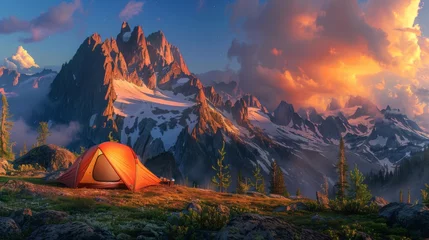 Tuinposter camping at sunset in the mountains with a photograph featuring a tent illuminated by the warm golden light © AlfaSmart