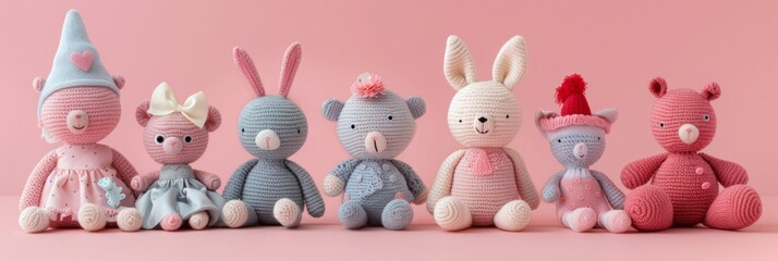 Collection of small knitted toys for girls on a soft pink background