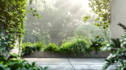 Fototapeta na wymiar Tranquil terrace featuring modern geometric design amidst lush greenery - Ai Generated