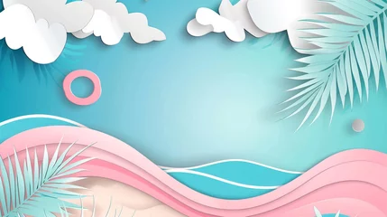 Poster Tropical summer scene background with beach vacation holiday theme with pink waves layer, blue sky and copy space. © Aisyaqilumar
