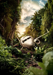 Abandoned Airplane Wreckage in Lush Jungle: A Stark Reminder of Survival and Resilience in Greenery - 779886519