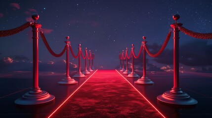 Red carpet decorated with velvet ropes against the backdrop of the dark night sky