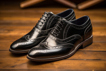 A pair of sleek black leather brogues with perforated detailing, on a polished wooden floor.