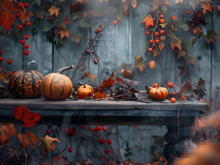 Wooden table decorated with pumpkins and autumn foliage - Ai Generated