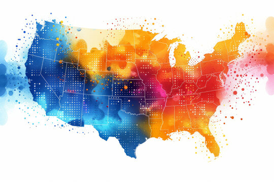 watercolor blue and orange map of the USA, altlas
