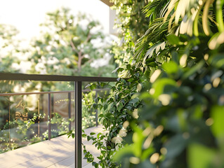 Tranquil terrace featuring modern geometric design amidst lush greenery - Ai Generated