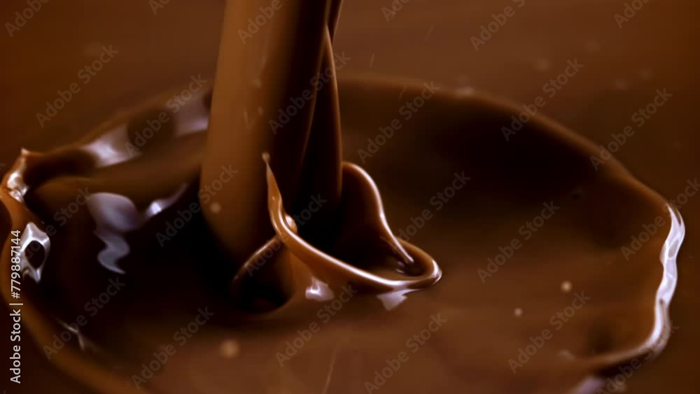 Sticker Super slow motion a stream of hot chocolate pours in with splashes. High quality FullHD footage