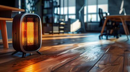 Warm glow of space heater on polished wooden floor - Ai Generated