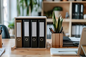 Neatly Organized Workspace with Labeled Folders and Storage for Increased Productivity and Efficiency - obrazy, fototapety, plakaty