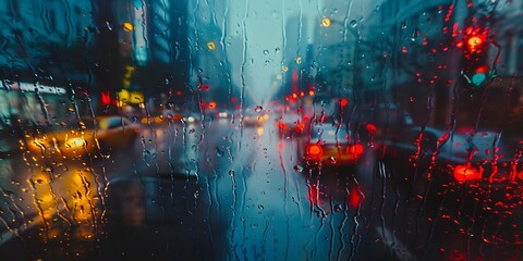 raindrops on window with view of city buildings and traffic
