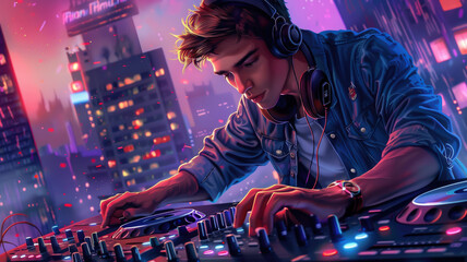 young male DJ at the mixing console, nightclub in the background, boy, man, musician, dancing, disco, party, neon, guy, fun, person, people, audio, vinyl, turntable