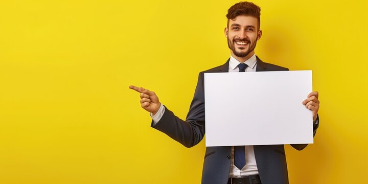 Corporate advertising concept, attractive businessman with whiteboard, Enthusiastic male model in suit gestures towards a blank presentation board,