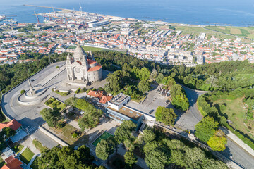 aerial drone view of the basilica of Santa Luzia, catholic temple in Viana do Castelo. Portugal