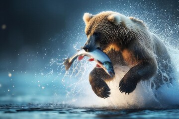 A bear is leaping into water to catch a fish - obrazy, fototapety, plakaty