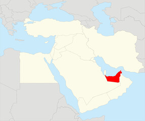 Red simple blank political map of UNITED ARAB EMIRATES with black borders on gray  continent background and blue sea surfaces using orthographic projection of the highlighted beige Middle East