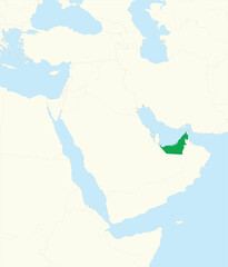 Green detailed blank political map of UNITED ARAB EMIRATES with black borders on beige continent background and blue sea surfaces using orthographic projection of the Middle East