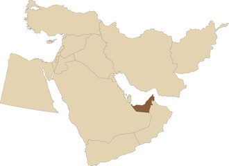 Dark brown detailed blank political map of UNITED ARAB EMIRATES with black borders on transparent background using orthographic projection of the light brown Middle East