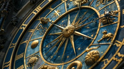Fototapeta na wymiar a gold and blue clock with zodiac signs on it's face