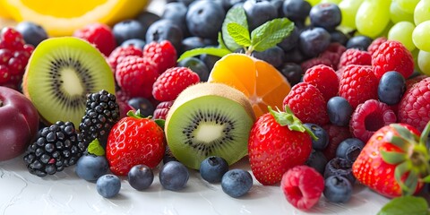 tropical fruits with kiwi, raspberry, blueberry, oranges, strawberry, and grape