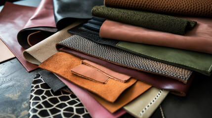 Leather Samples in Brown, Black, Green and Pink: Raw Leather Swatches in Earthy Hues & Textured Patterns - Material Samples for Craft and Design. Top View