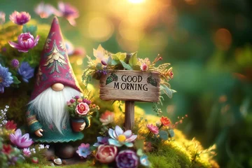 Fototapeten gnome holding a flower pot and a sign that says "Good Morning" © Екатерина Переславце