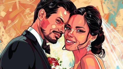 Portrait of bride and groom at wedding in comic style illustration.