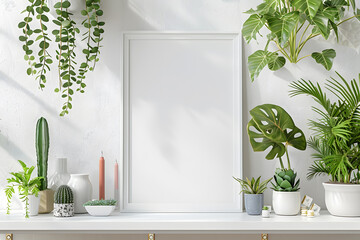 Frame mockup on boho bookshelf with plants interior