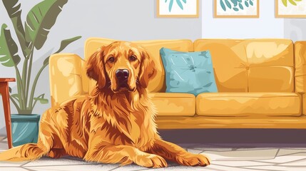 Portrait of golden retriever dog in living room. Comic style illustration.