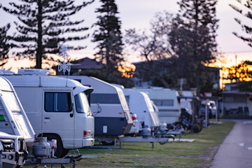 Row of caravans and campers at caravan park