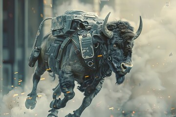 Futuristic Battle-Ready Bison Illustration