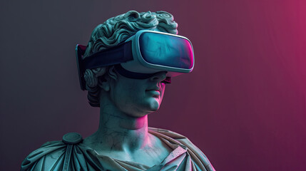 Statue of a Greek statue wearing virtual reality glasses on black background 