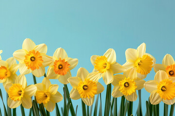 Beautiful Row of Yellow Daffodils on Blue Background with Copy Space for Text in Nature Theme