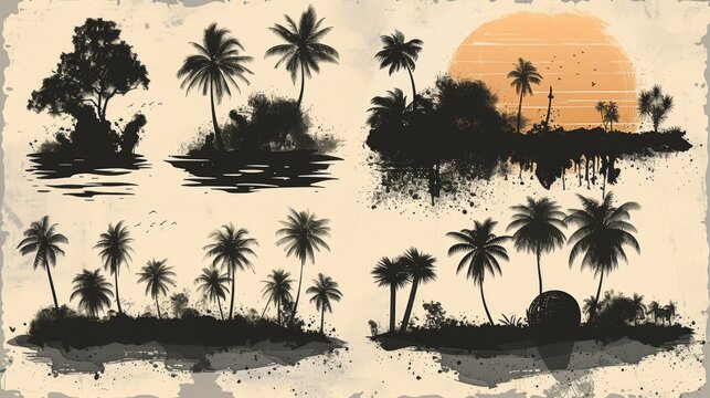 Black silhouette palm trees modern graphics set