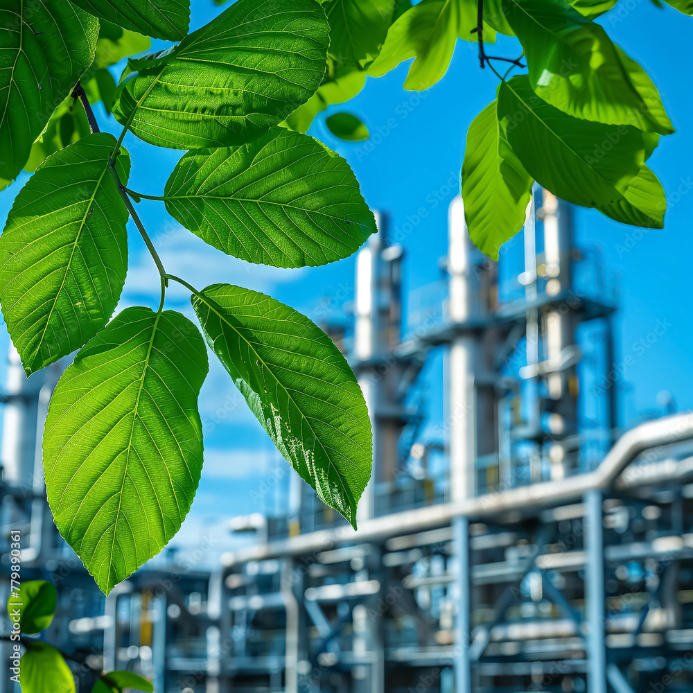 Wall mural happy green leaves in front of modern gas and petrochemical plant with blue sky, banner background f