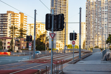 Traffic lights at G:Link light rail tram crossing on the Gold Coast