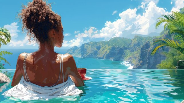 Girl resting on vacation having breakfast with coffee at the pool overlooking mountains, sea, and ocean in a digital illustration
