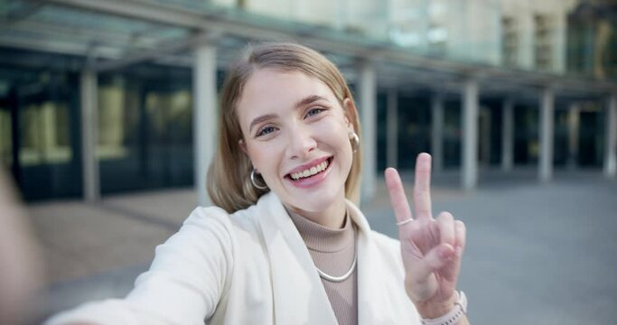 Happy, selfie and business woman in a city with peace, hands or air kiss for thank you gesture outdoor. Portrait, emoji or female worker with gratitude post, profile picture or V symbol on commute