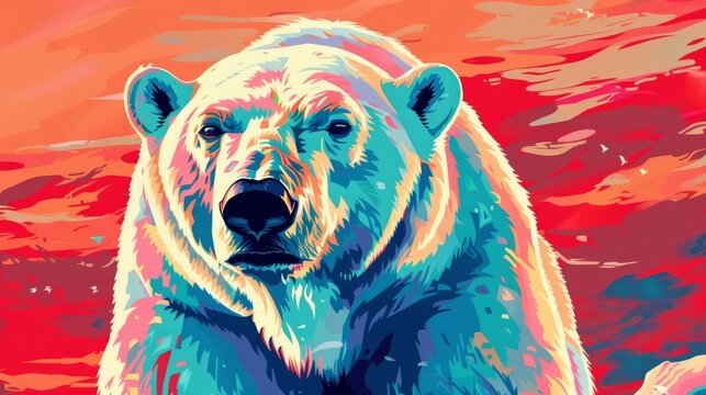 Portrait of polar bear. Colorful comic style painting illustration.