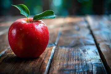 A red apple sitting on top of a wooden table - Powered by Adobe