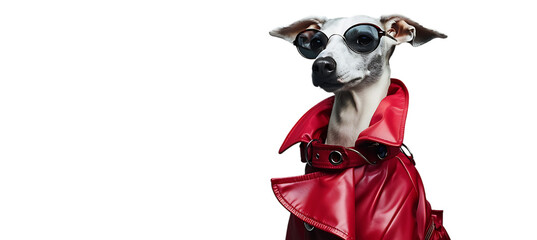  dog dressed in red leather trenchcoat with sunglasses, posing on white background
