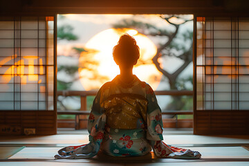 A tranquil silhouette of a person in a kimono, seated in peaceful contemplation as the sunsets - obrazy, fototapety, plakaty