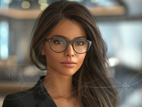 A woman with glasses is staring at the camera. The image is a computer-generated rendering of a woman wearing glasses. The woman's face is the main focus of the image