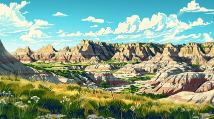 Fototapeta na wymiar Beautiful scenic view of Badlands National Park, South Dakota in the United states of America. Colorful comic style painting illustration.