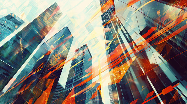 A dynamic abstract painting of arrows and lines moving upward against a backdrop of skyscrapers. 32k, full ultra hd, high resolution