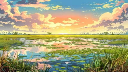 Rolgordijnen Beautiful scenic view of Everglades National Park, Florida in the United states of America. Colorful comic style painting illustration. © Tepsarit