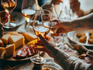 Friends raising their glasses of wine in a toast at a party, celebrating friendship and good times together. - obrazy, fototapety, plakaty